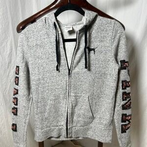 Y2K Victoria's Secret PINK Hoodie Gray Sequin‎ Logo Full Zip Women's XS